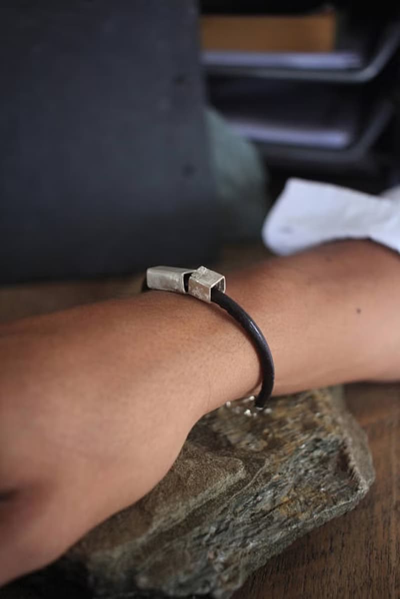 Leather bracelet silver square-profile tube beads (B0067B)