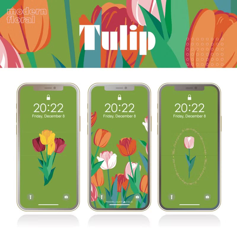 【數位】湖畔少女-鬱金香2 抹茶綠 |繽紛可愛花束手機桌布組| 立即下載