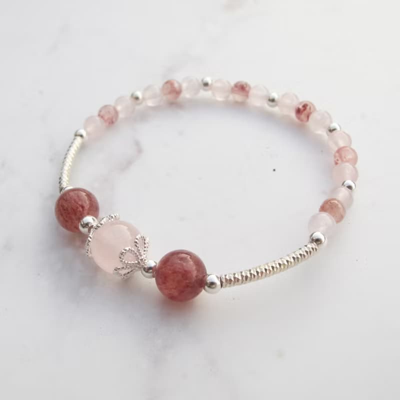 【水晶手串】草莓奶昔 | 粉晶×草莓晶純銀水晶手鍊 | 大員囡仔