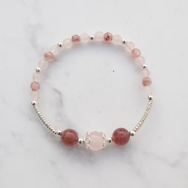 【水晶手串】草莓奶昔 | 粉晶×草莓晶純銀水晶手鍊 | 大員囡仔