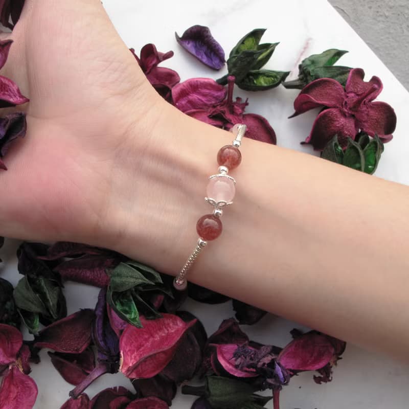 【水晶手串】草莓奶昔 | 粉晶×草莓晶純銀水晶手鍊 | 大員囡仔
