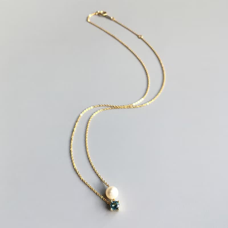 K10/SV925 London blue topaz Necklace, November Birthstone, Akoya Pearl Necklace