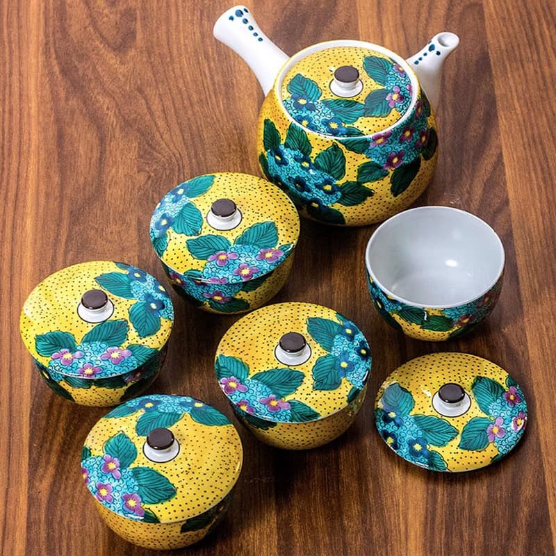 日本進口九谷燒手工側把壺泡茶壺紫陽花帶蓋茶具套裝一壺五杯禮盒