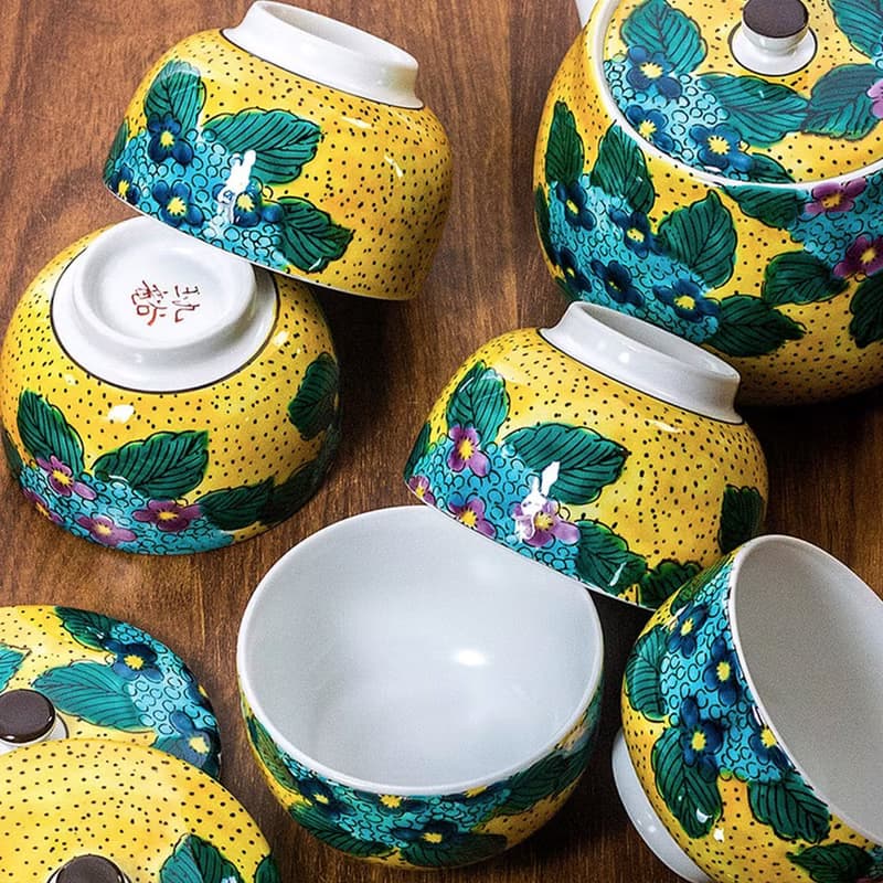 日本進口九谷燒手工側把壺泡茶壺紫陽花帶蓋茶具套裝一壺五杯禮盒