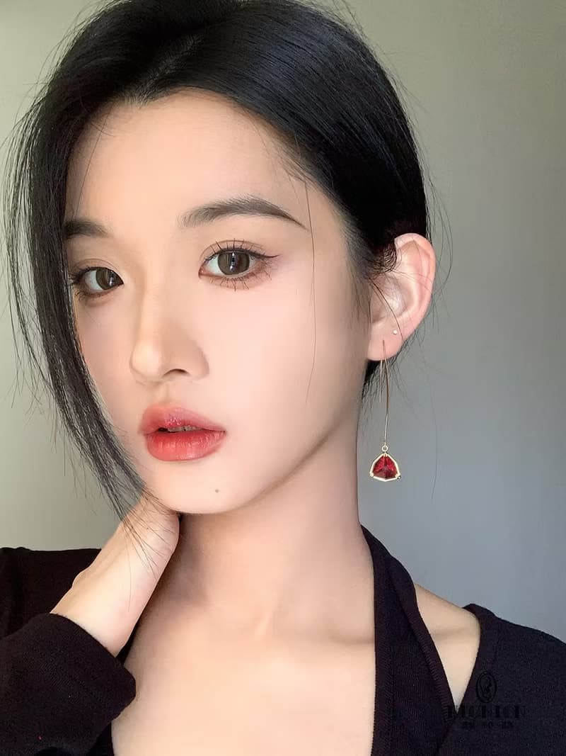 Hi Onion原創設計小眾三角玫紅鍍金長款耳環耳夾復古顯白高級耳飾