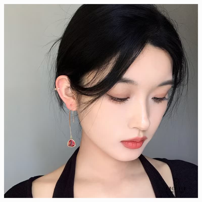 Hi Onion原創設計小眾三角玫紅鍍金長款耳環耳夾復古顯白高級耳飾