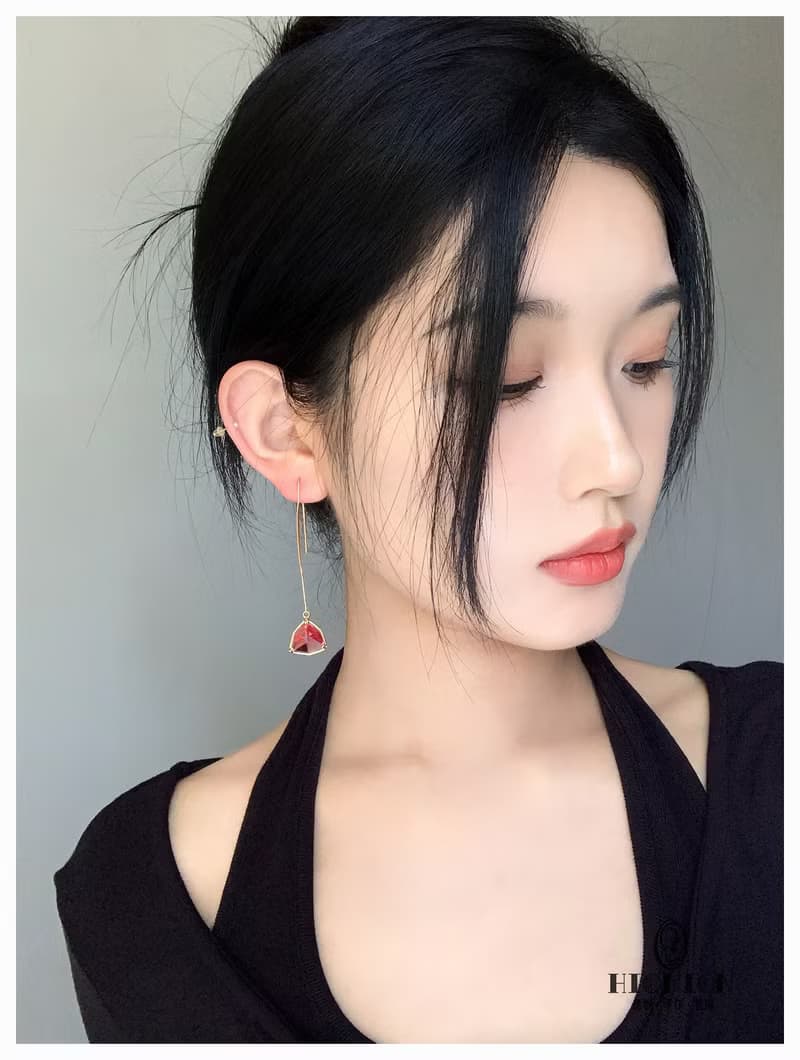 Hi Onion原創設計小眾三角玫紅鍍金長款耳環耳夾復古顯白高級耳飾