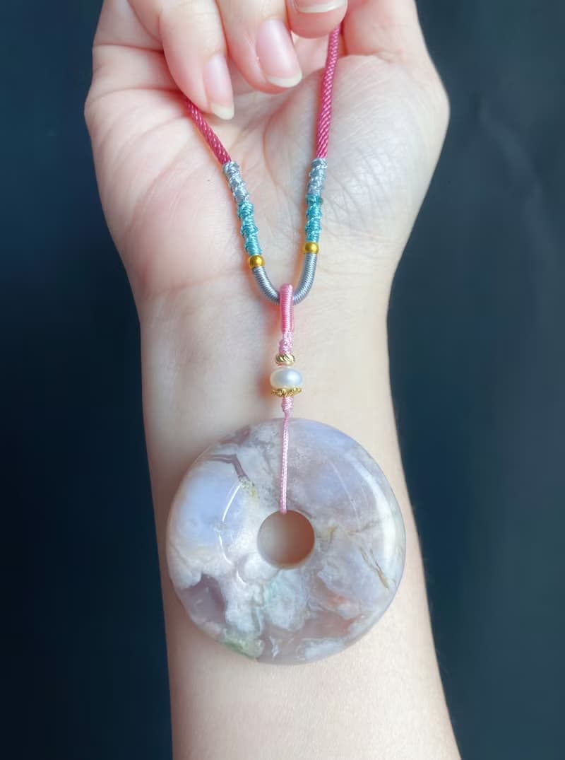 櫻花瑪瑙 春天 奶油平安扣 珍珠 項鍊 禮物 天然石 生日