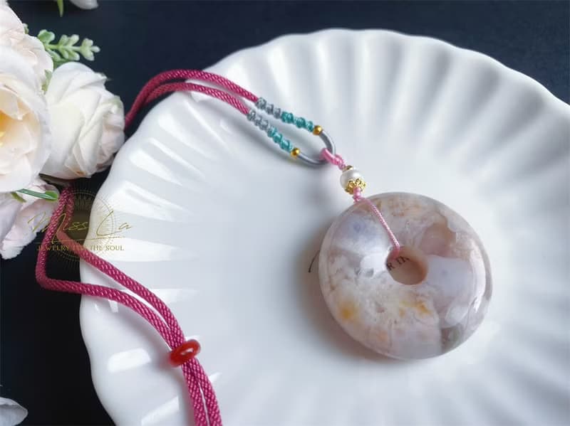 櫻花瑪瑙 春天 奶油平安扣 珍珠 項鍊 禮物 天然石 生日