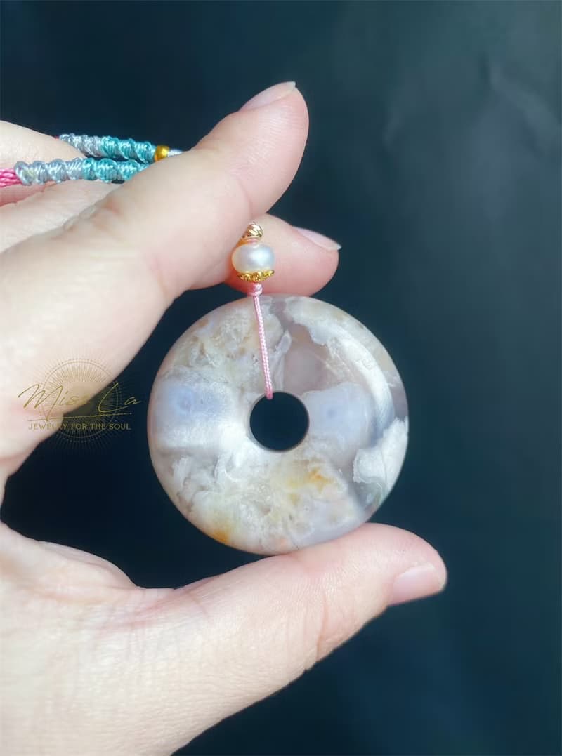 櫻花瑪瑙 春天 奶油平安扣 珍珠 項鍊 禮物 天然石 生日