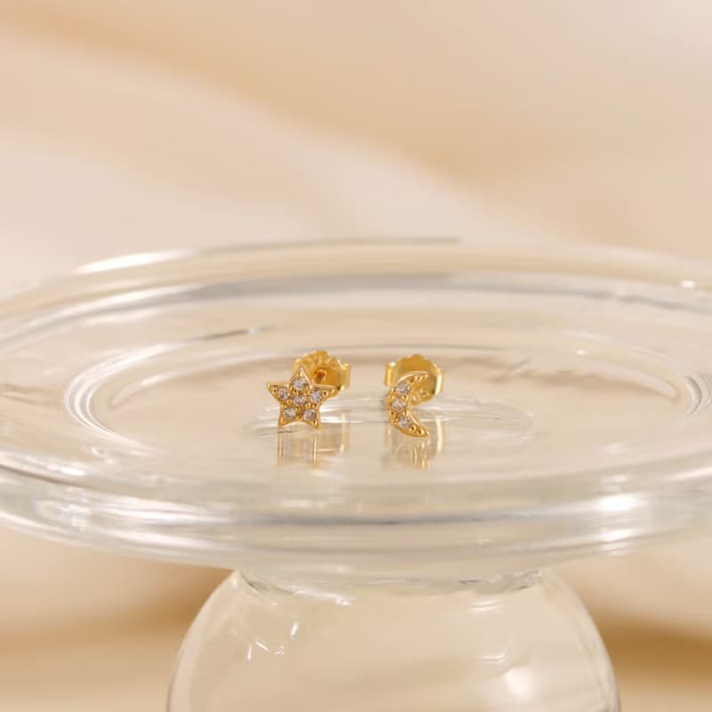 s925銀韓版小鑽耳釘 星星月亮造型 不對稱超迷你耳釘耳飾品