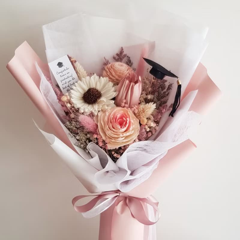蓪草向日葵+鬱金香乾燥花束|畢業 生日 慶祝 學士帽| 粉黃藍