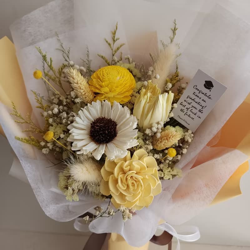 蓪草向日葵+鬱金香乾燥花束|畢業 生日 慶祝 學士帽| 粉黃藍