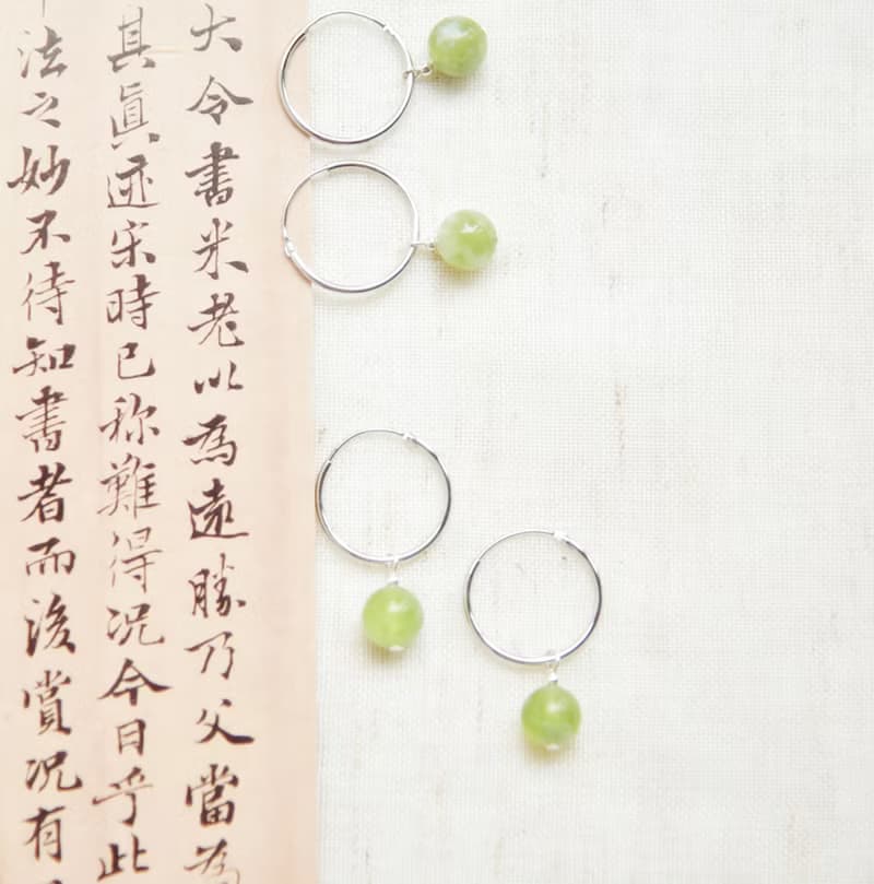 【翠】天然玉石岫玉925銀圈環耳墜耳環