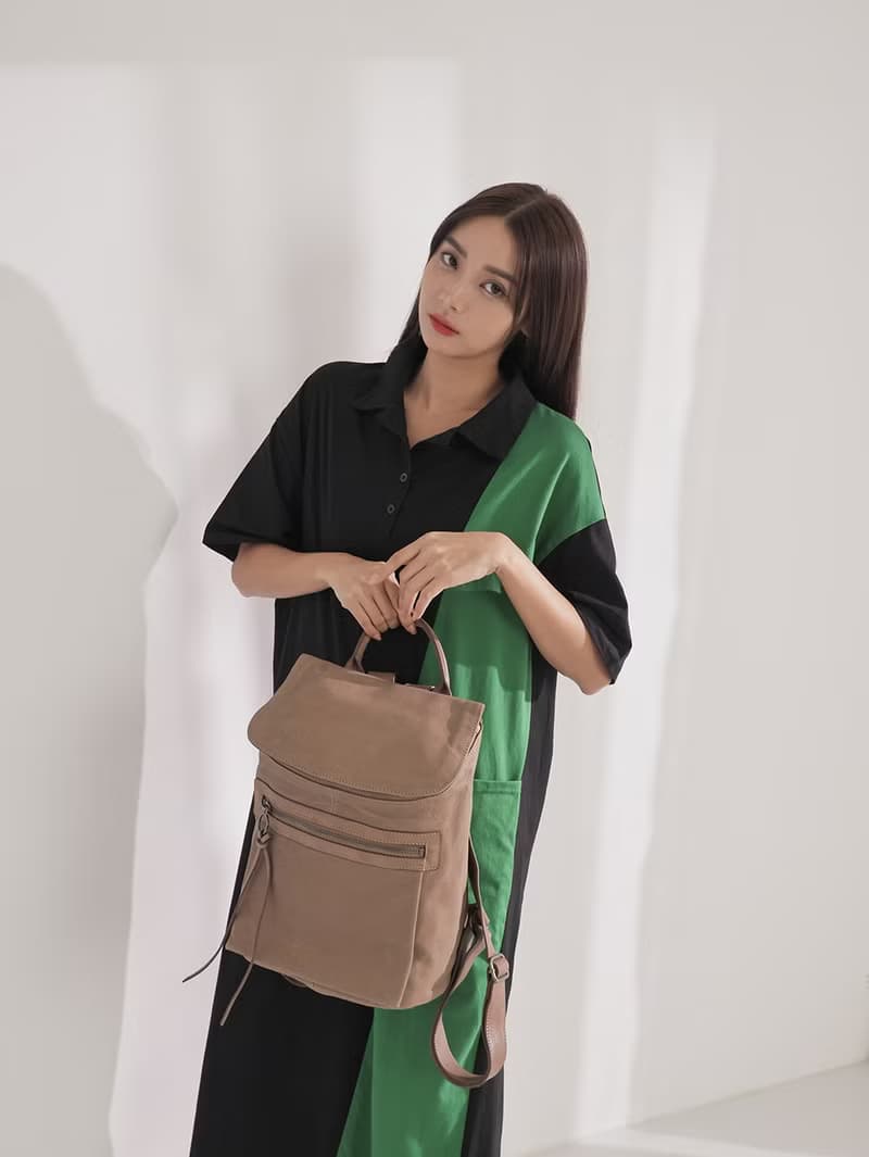 supportingrolestudio率性實用方形真皮後背包 亞咖啡