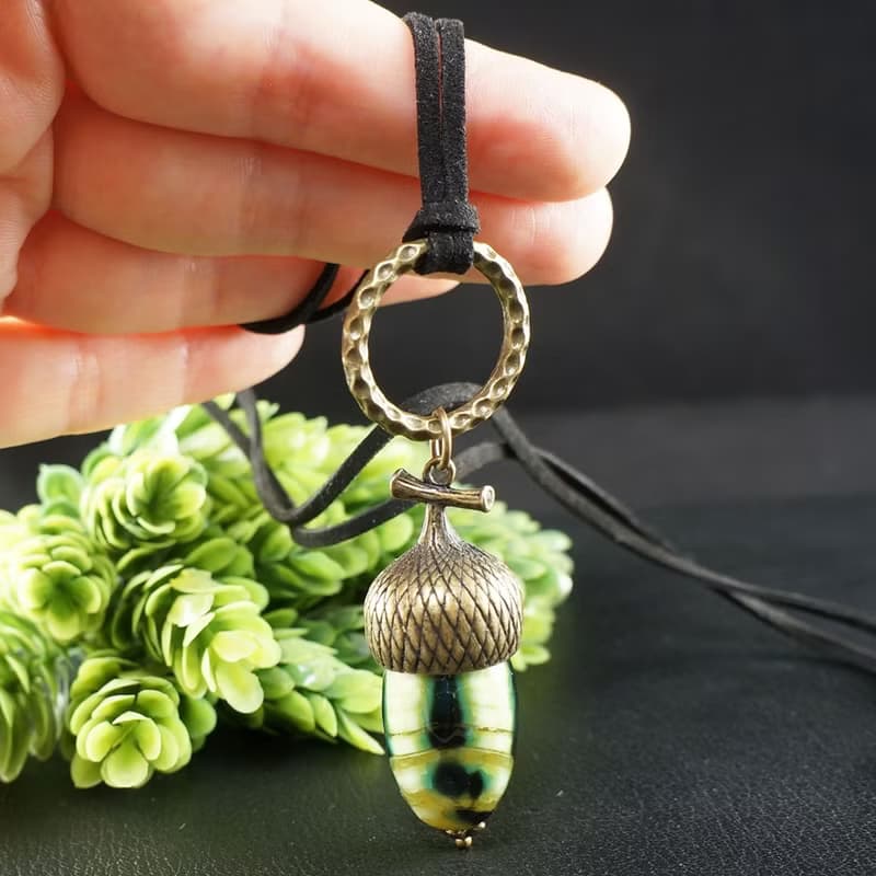 Olive Green Agate Acorn Forest Nature Woodland Pendant Necklace Jewelry Gift