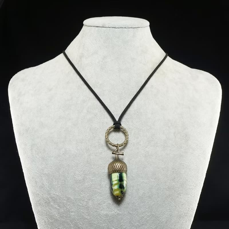 Olive Green Agate Acorn Forest Nature Woodland Pendant Necklace Jewelry Gift