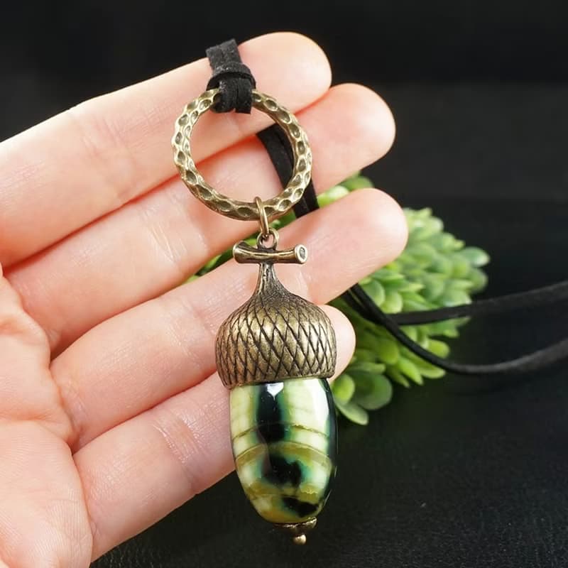 Olive Green Agate Acorn Forest Nature Woodland Pendant Necklace Jewelry Gift