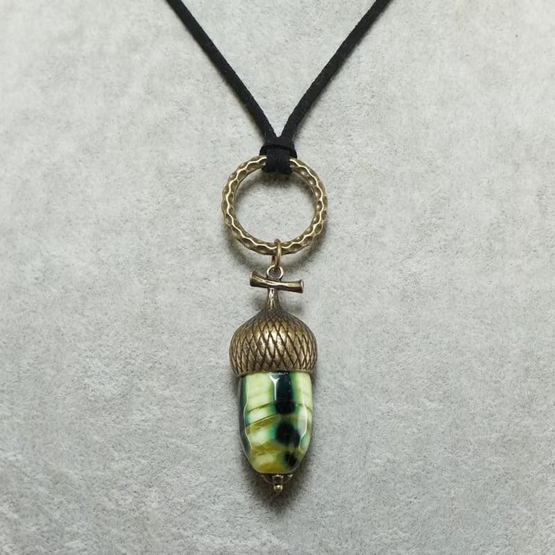 Olive Green Agate Acorn Forest Nature Woodland Pendant Necklace Jewelry Gift