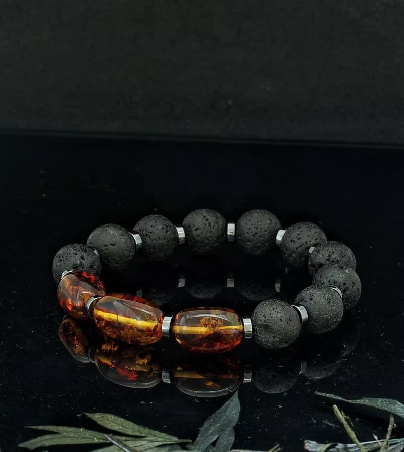 波羅的海爆花金琥珀 12mm 火山石手鍊-3