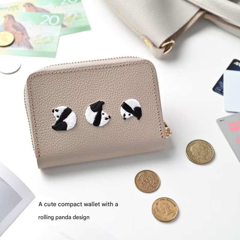 お札が折れない コンパクトウォレット 【 刺繍 パンダ 】 本革 シュリンクレザー ミニ財布 ギフト A316I