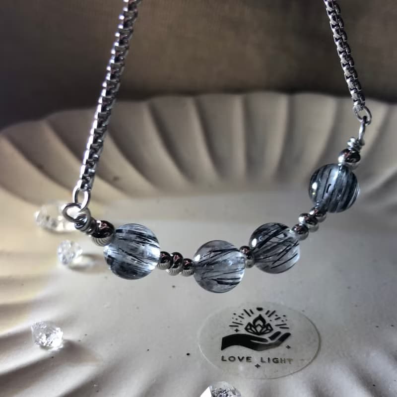 黑髮晶鋼手鍊 鋼耳環