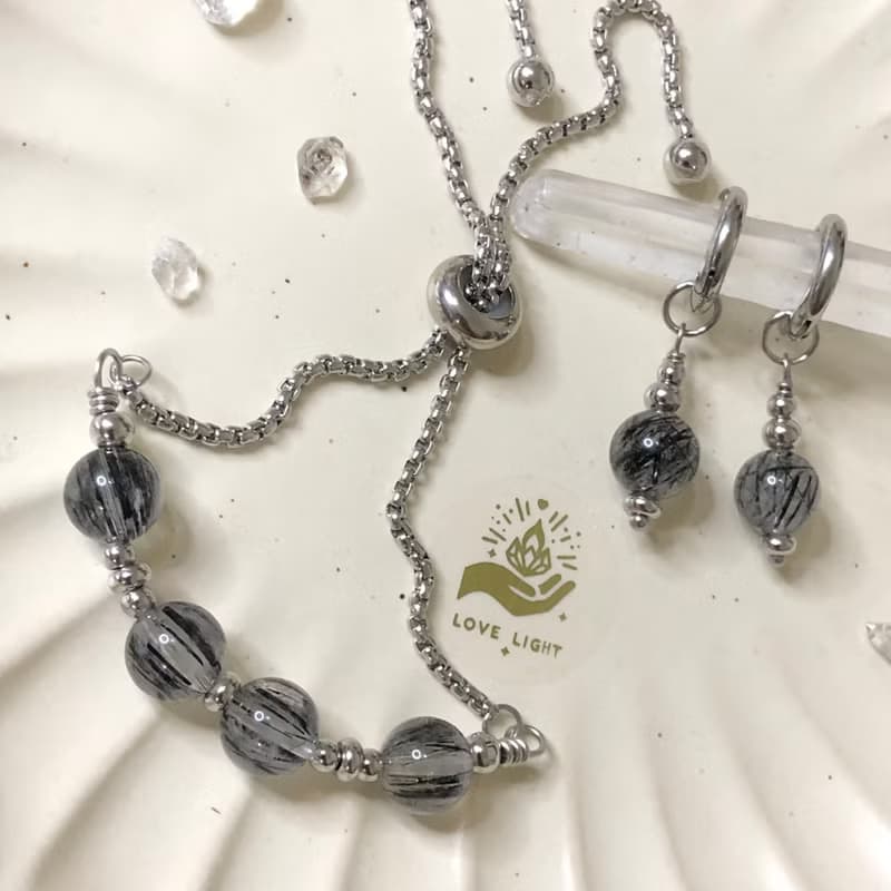 黑髮晶鋼手鍊 鋼耳環