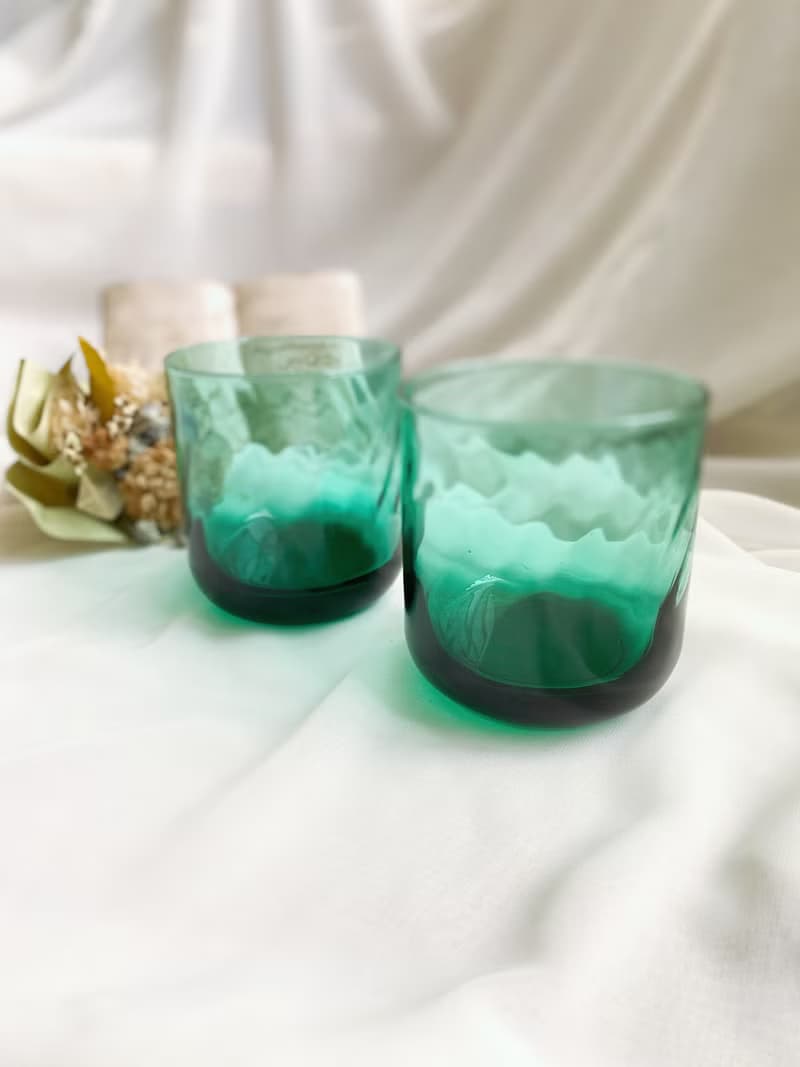 【好日戀物】日本帶回老件手工細緻螺旋紋薄荷綠玻璃杯威士忌酒杯