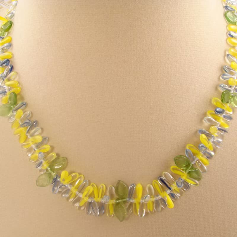 Yellow Blue Green Czech Glass Necklace Petal Leaf Beaded Choker Necklace Jewelry