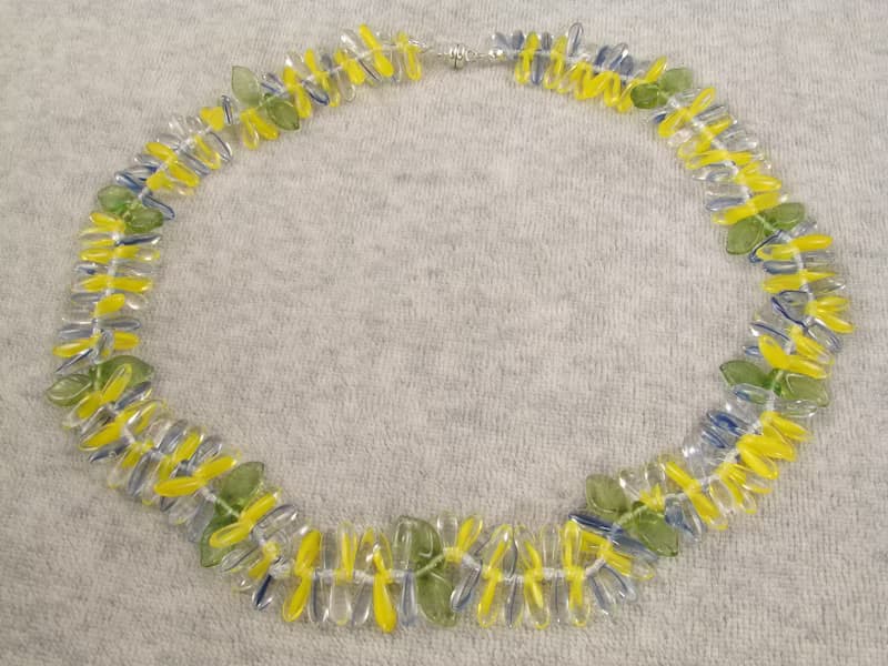 Yellow Blue Green Czech Glass Necklace Petal Leaf Beaded Choker Necklace Jewelry