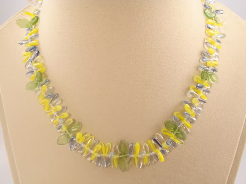 Yellow Blue Green Czech Glass Necklace Petal Leaf Beaded Choker Necklace Jewelry