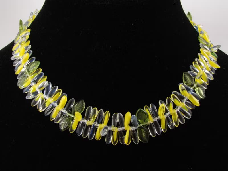 Yellow Blue Green Czech Glass Necklace Petal Leaf Beaded Choker Necklace Jewelry