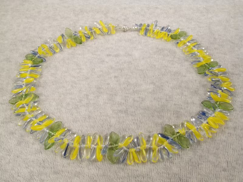 Yellow Blue Green Czech Glass Necklace Petal Leaf Beaded Choker Necklace Jewelry