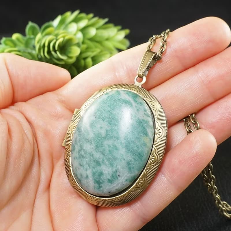 Green Moss Agate Locket Large Keepsake Pendant Necklace Memorable Gift Jewelry