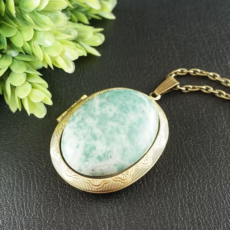 Green Moss Agate Locket Large Keepsake Pendant Necklace Memorable Gift Jewelry