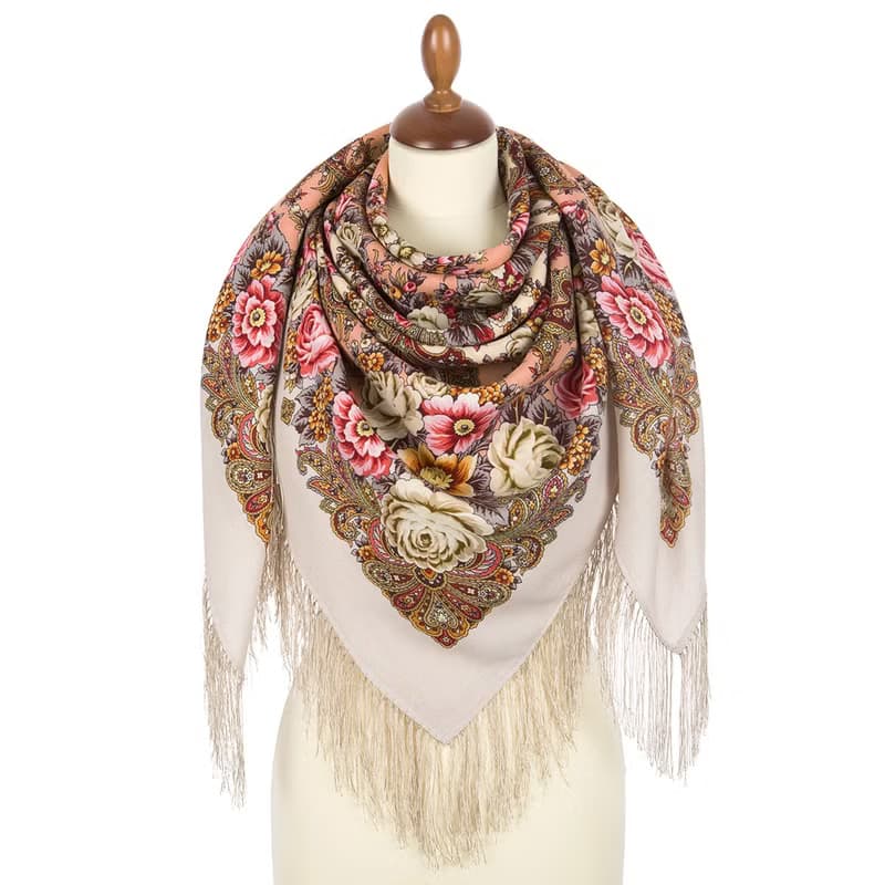 Pavlovo Posad Russian Shawl 100% Wool Scarf 125x125 cm Wrap Silk Fringe 1824-2