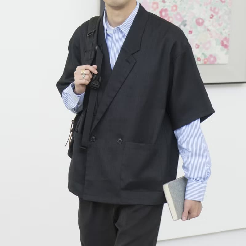Suit 誠意推薦 日系潮流寬鬆雙排扣短袖休閒西裝襯衫外套 Blazer