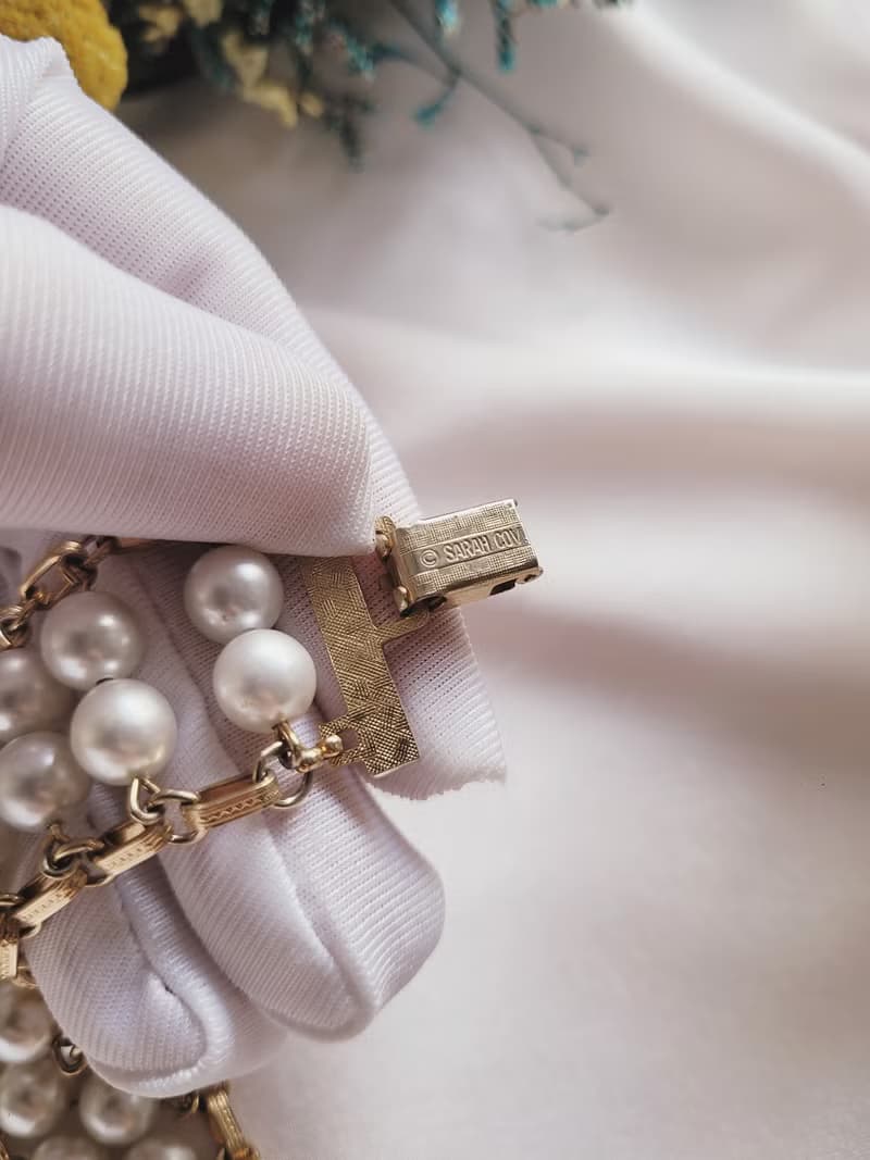 美國西洋古董飾品/SARAH COV寬版人造珍珠金色手鍊 復古珠寶首飾
