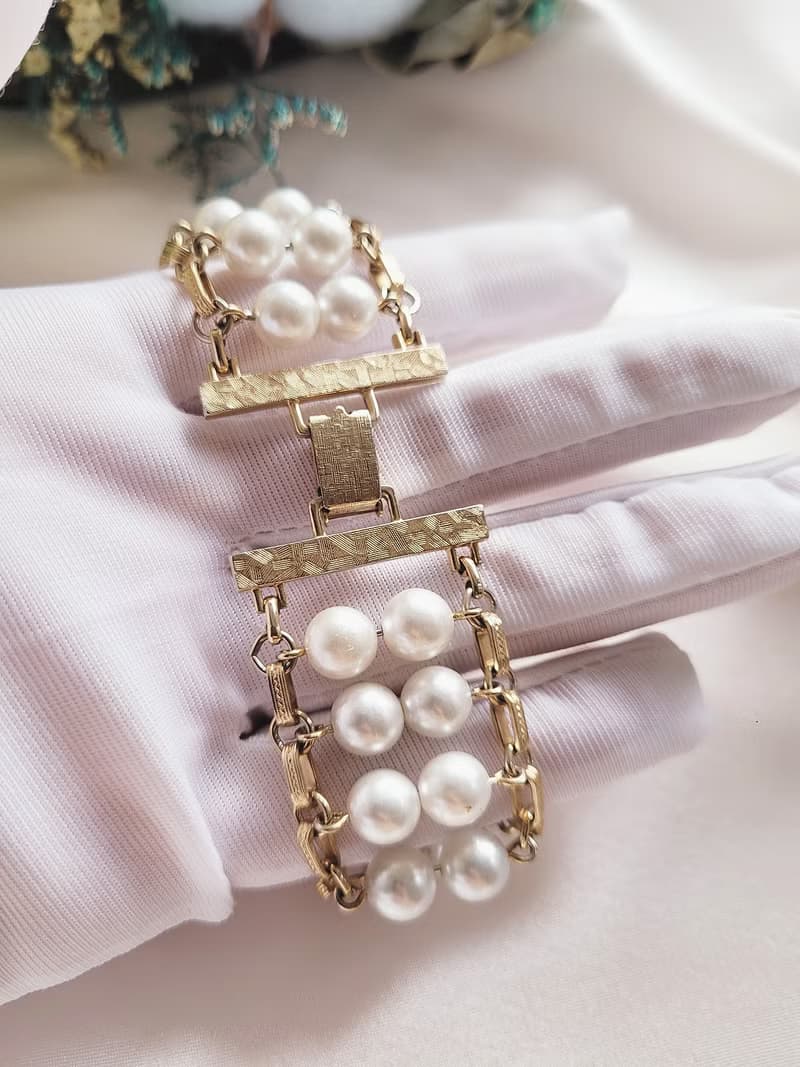 美國西洋古董飾品/SARAH COV寬版人造珍珠金色手鍊 復古珠寶首飾