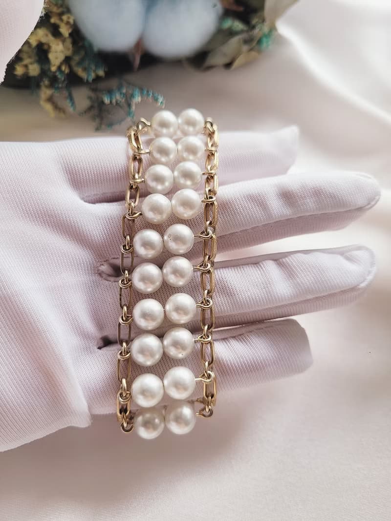 美國西洋古董飾品/SARAH COV寬版人造珍珠金色手鍊 復古珠寶首飾