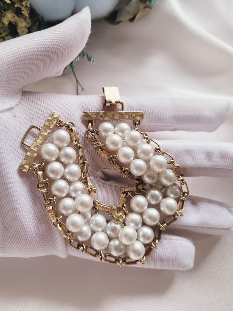 美國西洋古董飾品/SARAH COV寬版人造珍珠金色手鍊 復古珠寶首飾