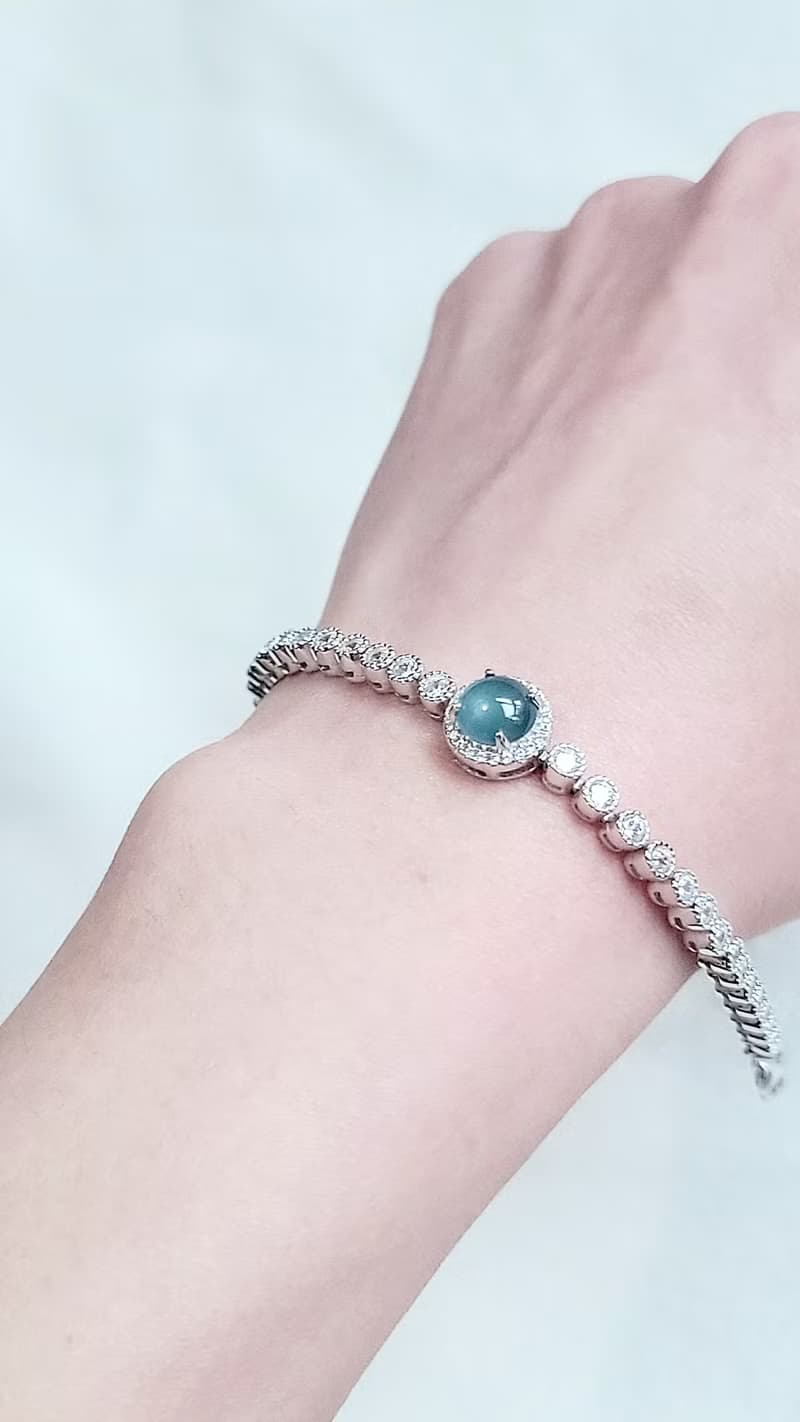 |招財女神鏈|A貨翡翠冰玻藍杠大蛋面7.6mm純銀鍍18k豪鑲款手鏈