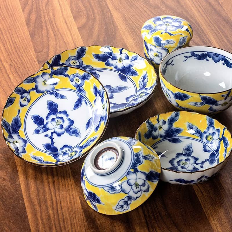 日本三峰 黃彩牡丹缽湯碗陶瓷麵碗飯碗盤子 日式餐具套裝家用碗