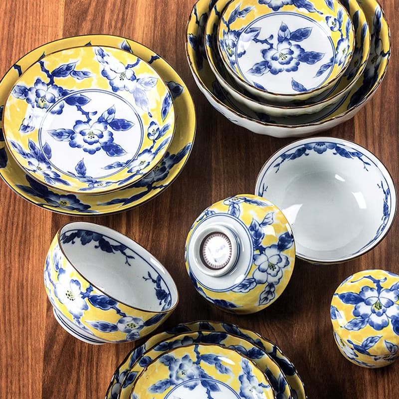 日本三峰 黃彩牡丹缽湯碗陶瓷麵碗飯碗盤子 日式餐具套裝家用碗