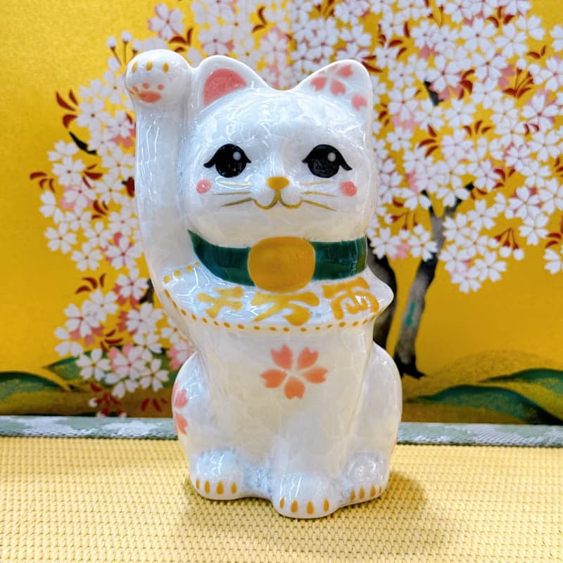 【皓櫻聚福】日本清水燒招財貓 | 花結晶 白 -  千万両