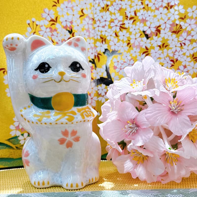 【皓櫻聚福】日本清水燒招財貓 | 花結晶 白 -  千万両