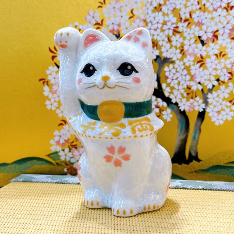 【皓櫻聚福】日本清水燒招財貓 | 花結晶 白 -  千万両