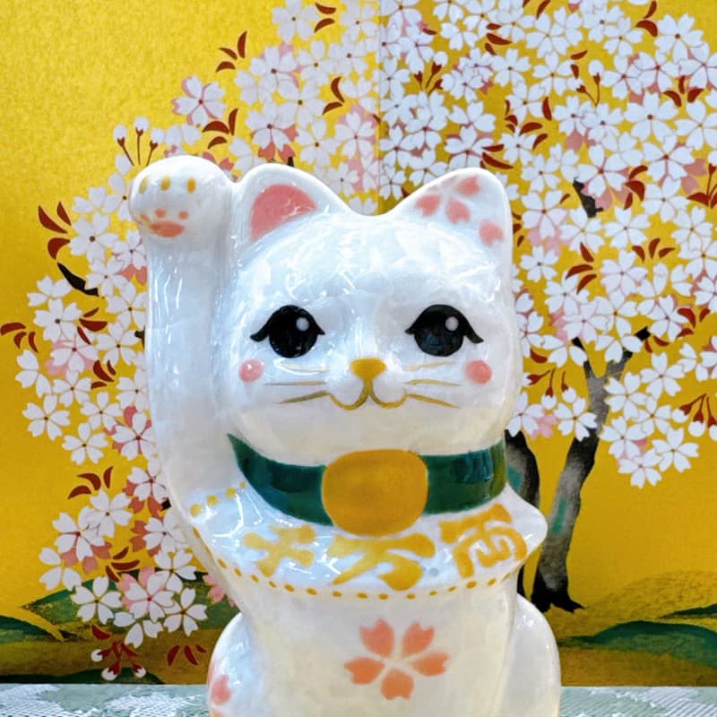 【皓櫻聚福】日本清水燒招財貓 | 花結晶 白 -  千万両