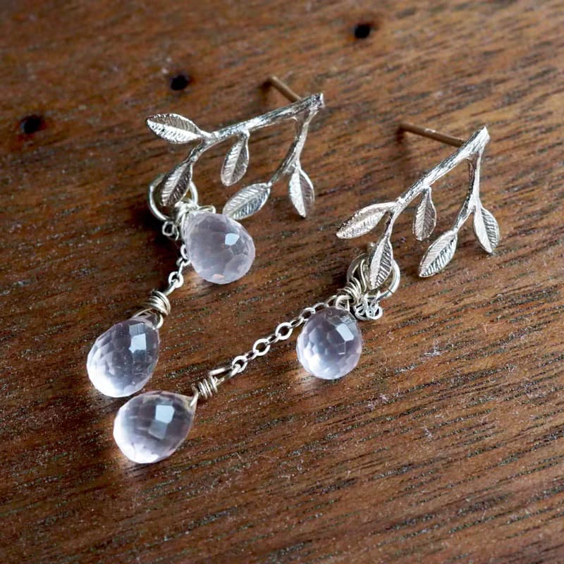 櫻茶 | 粉水晶純銀樹葉耳環