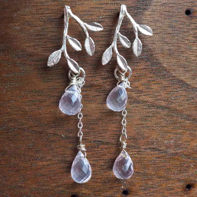櫻茶 | 粉水晶純銀樹葉耳環